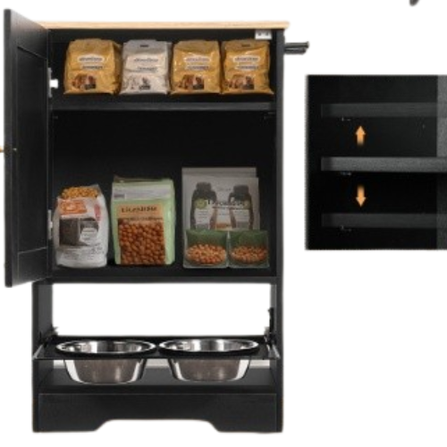 Elevated Pet Feeding Station with Storage Cabinet - 2 Stainless Steel Bowls