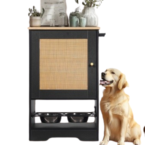 Elevated Pet Feeding Station with Storage Cabinet - 2 Stainless Steel Bowls