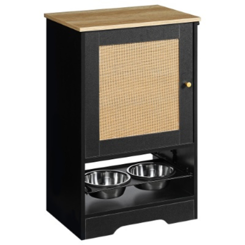 Elevated Pet Feeding Station with Storage Cabinet - 2 Stainless Steel Bowls