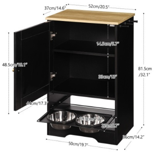 Elevated Pet Feeding Station with Storage Cabinet - 2 Stainless Steel Bowls