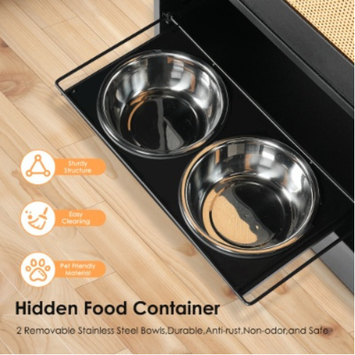 Elevated Pet Feeding Station with Storage Cabinet - 2 Stainless Steel Bowls