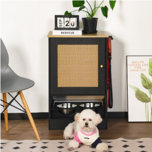 Elevated Pet Feeding Station with Storage Cabinet - 2 Stainless Steel Bowls
